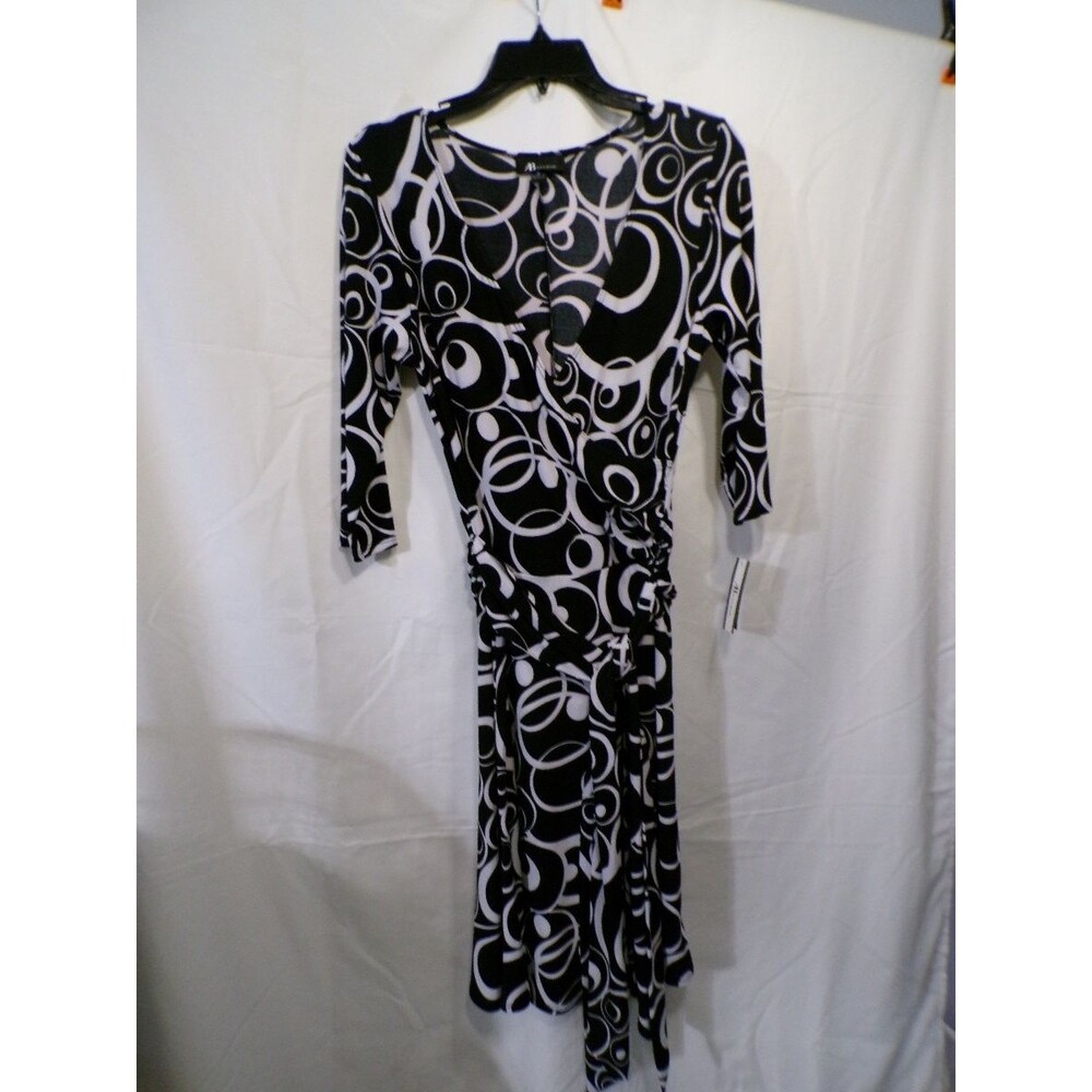 AB Studio Women's Wrap Dress Size M Black White Abstract Ruched Tie